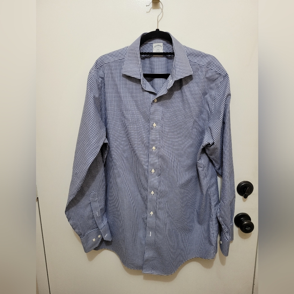 Brooks Brothers Mens Regent Navy Checkered Button Down Shirt Size 17 6/7